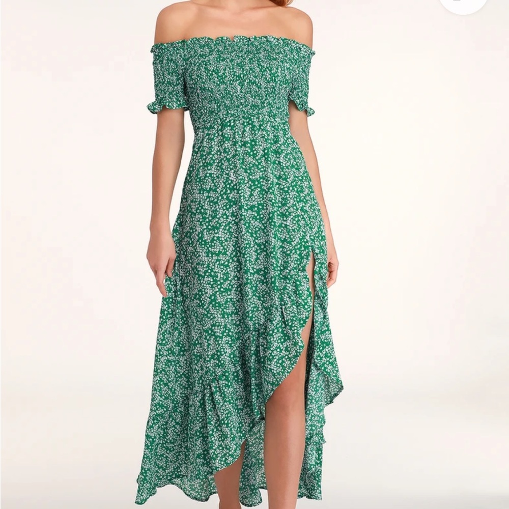 Fleur-tation Green Floral Print Off-the-Shoulder Midi Dress - Green S